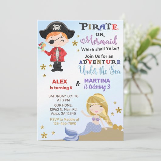 Pirate en Mermaid siblings verjaardagsuitnodiging. Kaart (Staand voorkant)