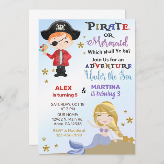 Pirate en Mermaid siblings verjaardagsuitnodiging. Kaart (Voorkant / Achterkant)