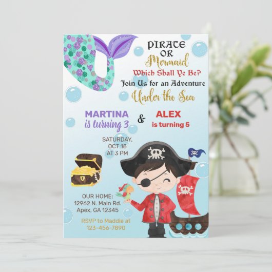 Pirate en Mermaid siblings verjaardagsuitnodiging. Kaart (Staand voorkant)