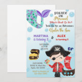 Pirate en Mermaid siblings verjaardagsuitnodiging. Kaart (Voorkant / Achterkant)