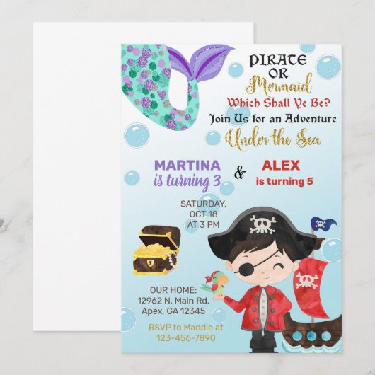 Pirate en Mermaid siblings verjaardagsuitnodiging. Kaart (Voorkant / Achterkant)