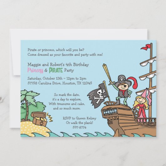 Pirate en Prinses Party Treasure Twins Royal Fun Kaart (Voorkant)