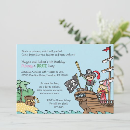 Pirate en Prinses Party Treasure Twins Royal Fun Kaart (Staand voorkant)