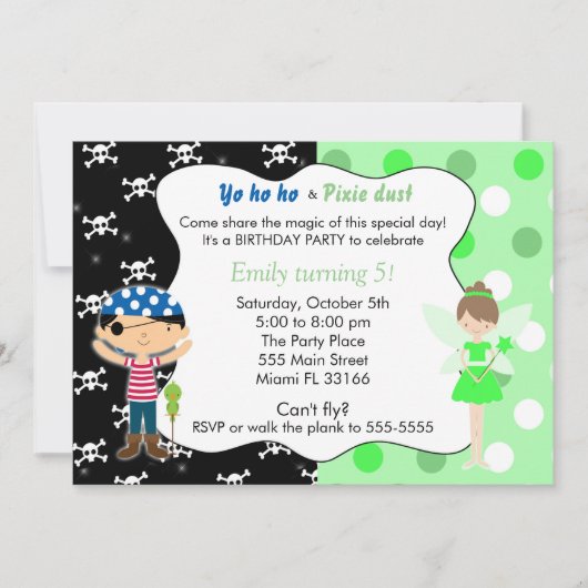 Pirate Fairy Birthday Invitation Lime Green Skulls Kaart (Voorkant)