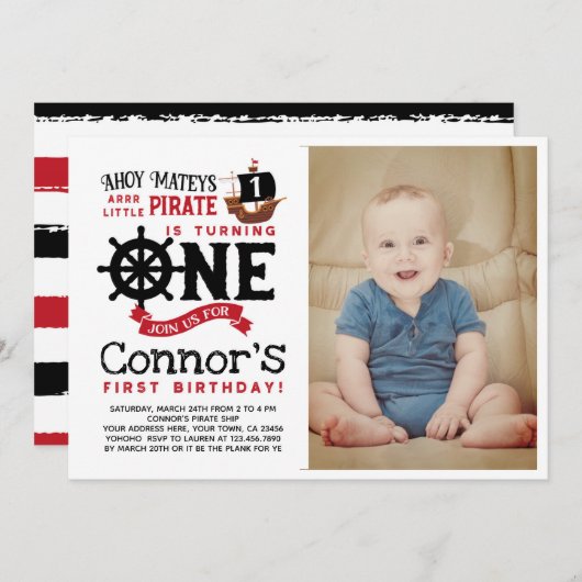Pirate First Birthday Invitation and Photo Kaart (Voorkant / Achterkant)