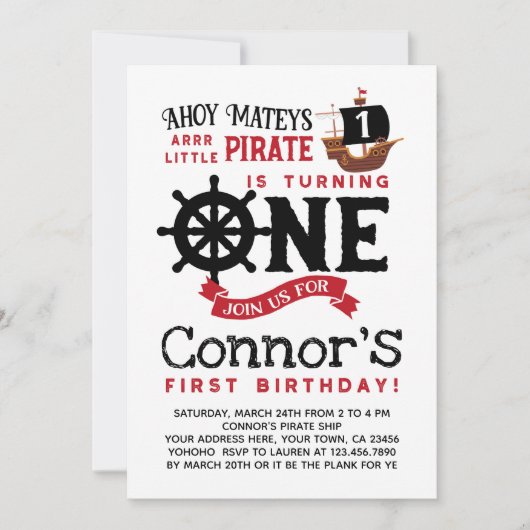 Pirate First Birthday Invitation Kaart (Voorkant)