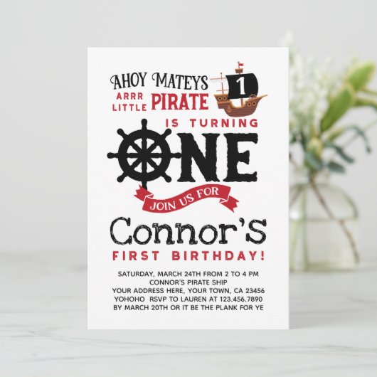 Pirate First Birthday Invitation Kaart (Staand voorkant)