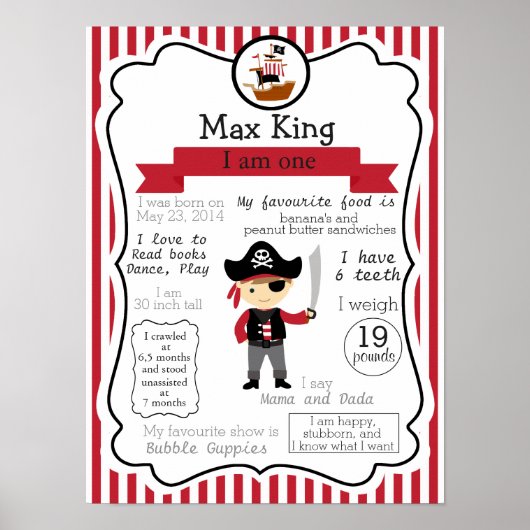 Pirate First Birthday poster voor een jongen (Voorkant)