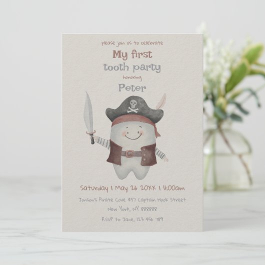 Pirate First Tooth Party Invitation Kaart (Staand voorkant)