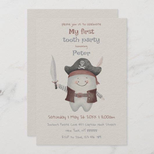 Pirate First Tooth Party Invitation Kaart (Voorkant / Achterkant)