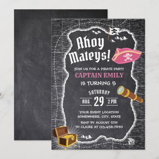 Pirate Girl Birthday Party Chalkboard Map Kaart (Voorkant / Achterkant)