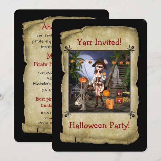 Pirate Girl Halloween Party Card Uitnodiging (Voorkant / Achterkant)