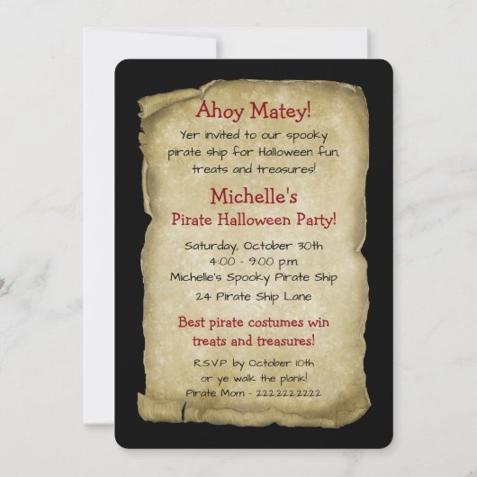 Pirate Girl Halloween Party Card Uitnodiging (Achterkant)