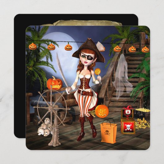 Pirate Girl Halloween Party Square Invitation Kaart (Voorkant / Achterkant)