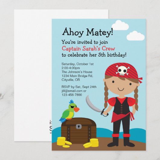 Pirate Girl Invitation Kaart (Voorkant / Achterkant)