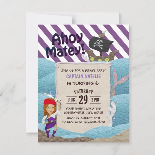 Pirate Girl Paarse Stripes 6e verjaardag Kaart (Voorkant)
