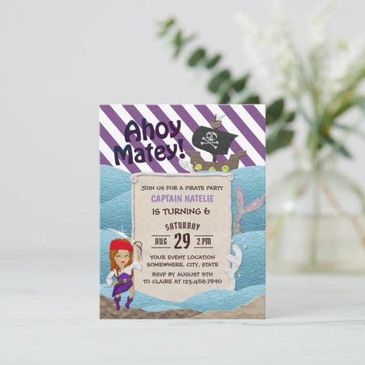 Pirate Girl Paarse Stripes 6e verjaardag Kaart (Staand voorkant)