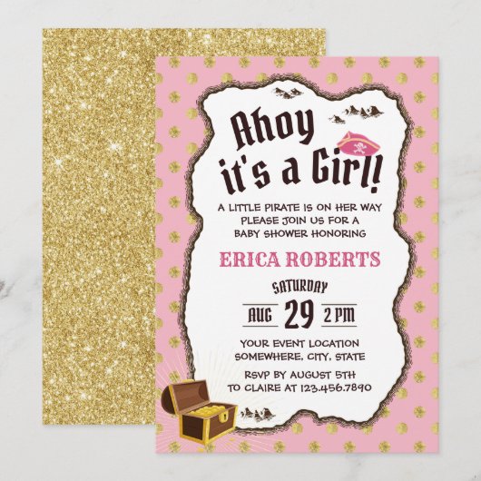 Pirate Girl Pink & Gold Adventure Map Baby shower Kaart (Voorkant / Achterkant)