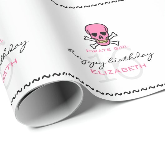 Pirate Girl Pink Skull op maat 16e verjaardag Cadeaupapier (Rol Hoek)