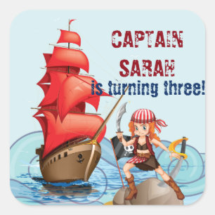 Pirate Girl Verjaardag Party Boat stippen ontwerp Vierkante Sticker