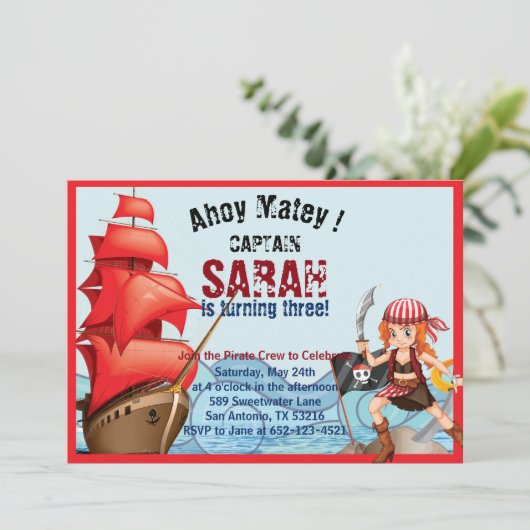 Pirate Girl verjaardagsfeestje uitnodigingsboot Kaart (Staand voorkant)