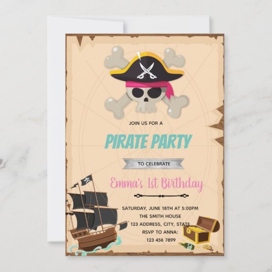 Pirate girl verjaardagsuitnodiging feestdagenkaart (Voorkant)