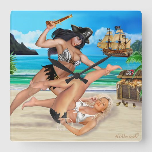 PIRATE GIRLS CATFIGHT VIERKANTE KLOK (Voorkant)
