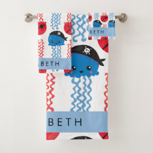 Pirate Jellyfish, Jellyfish Pattern, Jouw naam Bad Handdoek