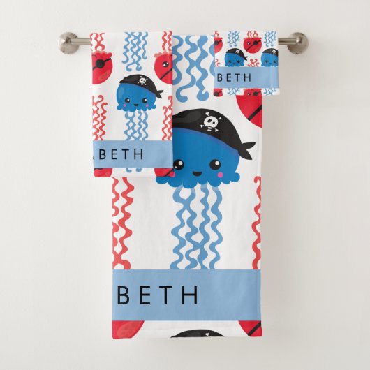 Pirate Jellyfish, Jellyfish Pattern, Jouw naam Bad Handdoek (Insitu)