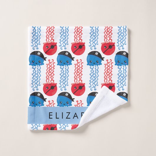 Pirate Jellyfish, Jellyfish Pattern, Jouw naam Bad Handdoek (Wasdoekje)