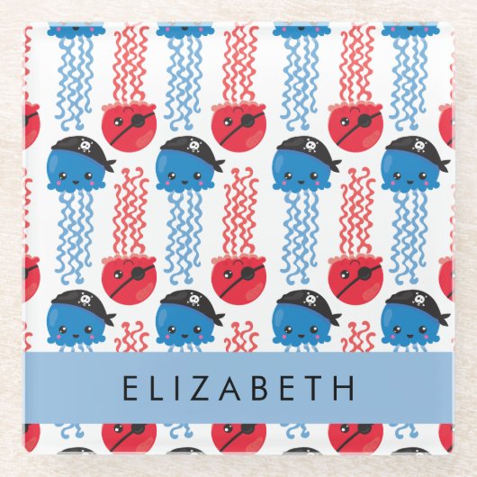 Pirate Jellyfish, Jellyfish Pattern, Jouw naam Glazen Onderzetter (Voorkant)