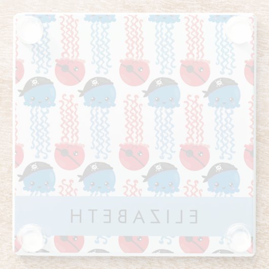 Pirate Jellyfish, Jellyfish Pattern, Jouw naam Glazen Onderzetter (Achterkant)