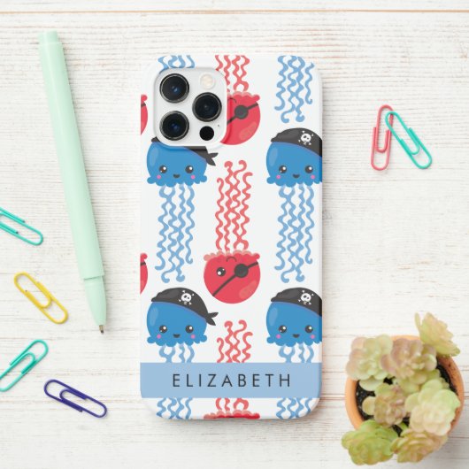 Pirate Jellyfish, Jellyfish Pattern, Jouw naam iPhone Hoesje (Op bureau)