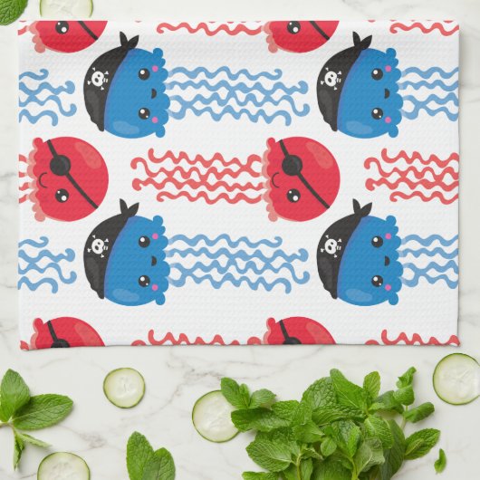 Pirate Jellyfish, Jellyfish Pattern, Jouw naam Theedoek (Gevouwen)