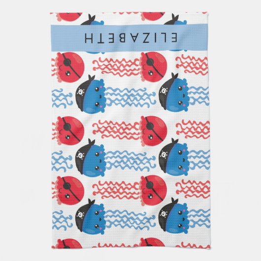 Pirate Jellyfish, Jellyfish Pattern, Jouw naam Theedoek (Verticaal)