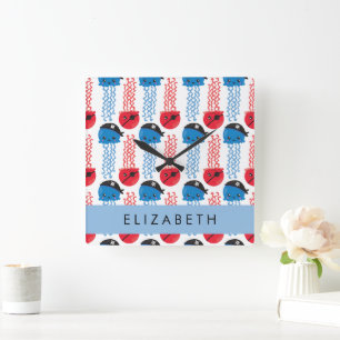 Pirate Jellyfish, Jellyfish Pattern, Jouw naam Vierkante Klok