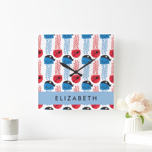 Pirate Jellyfish, Jellyfish Pattern, Jouw naam Vierkante Klok (Huis)