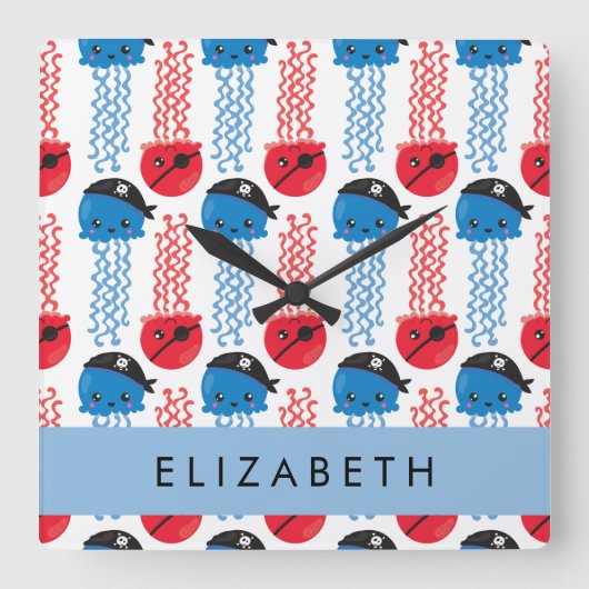 Pirate Jellyfish, Jellyfish Pattern, Jouw naam Vierkante Klok (Voorkant)