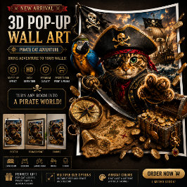 Pirate Kat Aventura 3D Pop-Up Muur Kunst Poster