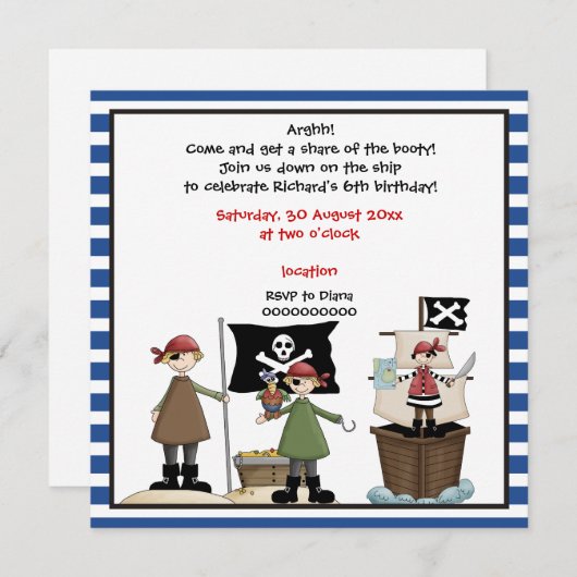 Pirate kids verjaardagsfeestuitnodiging - Blauwe g Kaart (Voorkant / Achterkant)