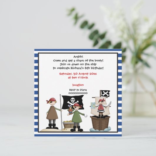 Pirate kids verjaardagsfeestuitnodiging - Blauwe g Kaart (Staand voorkant)