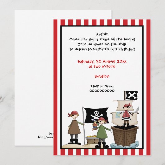 Pirate kids verjaardagsfeestuitnodiging - rode ran kaart (Voorkant / Achterkant)
