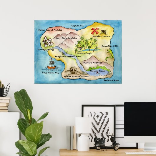 Pirate Map afdrukken - enorm Canvas Poster (Thuiskantoor)
