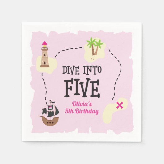 Pirate Map duik in vijf Roze 5e Verjaardag Servet (Voorkant)
