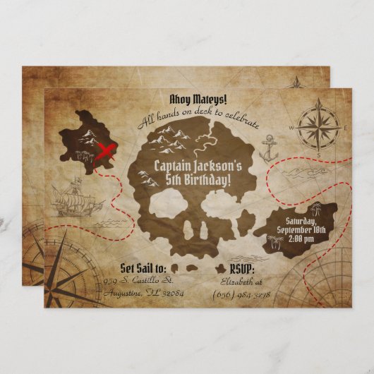 Pirate Map Uitnodiging (Voorkant / Achterkant)