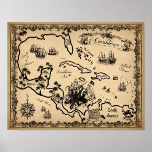 Pirate Map van het Caribisch gebied met Kraken Poster