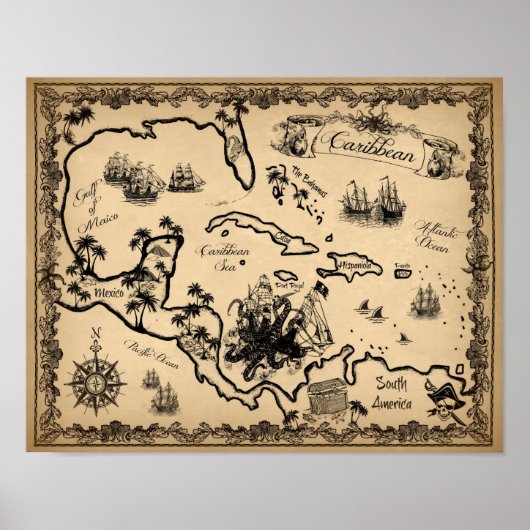 Pirate Map van het Caribisch gebied met Kraken Poster (Voorkant)