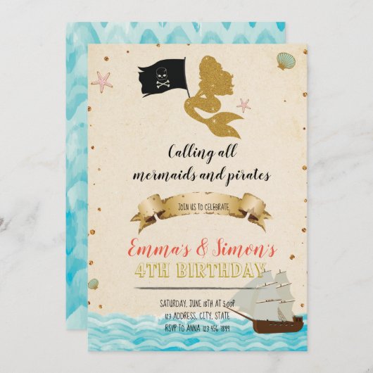 Pirate Meermin Uitnodiging (Voorkant / Achterkant)