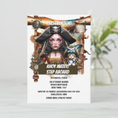 Pirate meisje kat schatkaart verjaardag thema fees kaart (Staand voorkant)