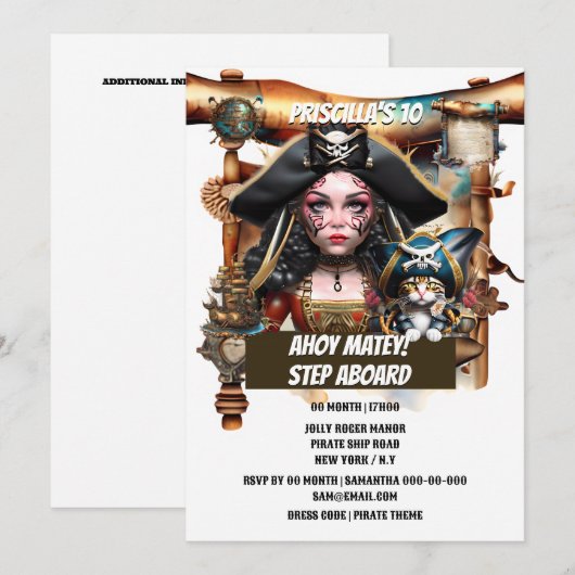 Pirate meisje kat schatkaart verjaardag thema fees kaart (Voorkant / Achterkant)